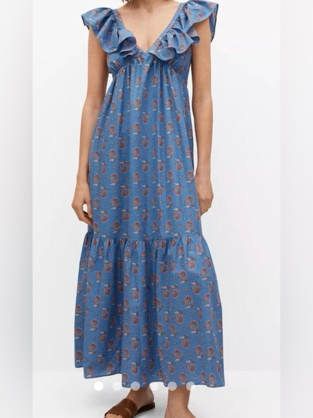 MNG-Blue Floral Ruffle V-Neck Maxi Dress